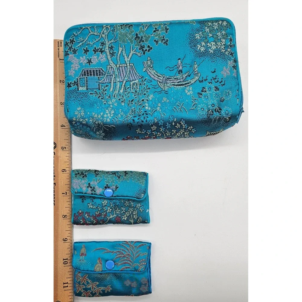 Vintage Blue Brocade 3pc Cosmetic Bag Set Oriental Landscape Travel Pouches